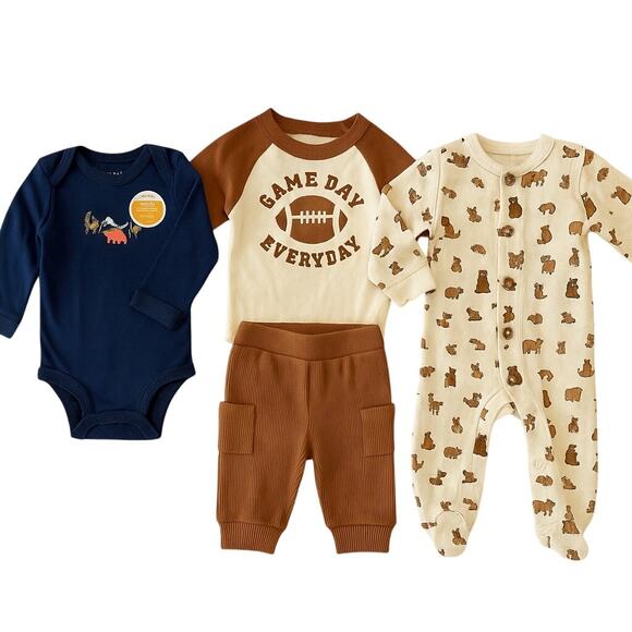 Baby Boy 3M Outfit Bundle – Game Day, Woodland Bear, Camping Creatures - Picture 1 of 6